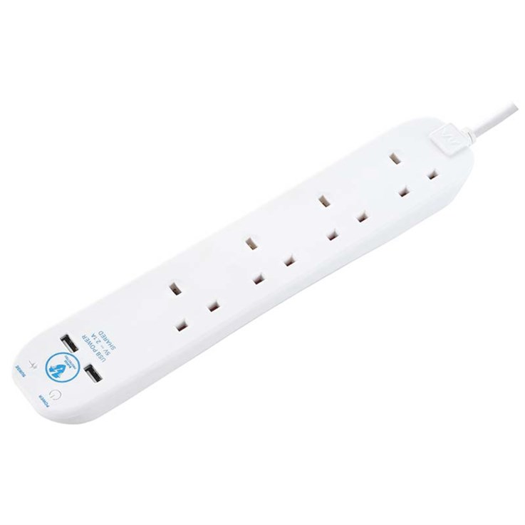 Masterplug 4G 2M Extension Lead Surge Protected 2 USB Ports